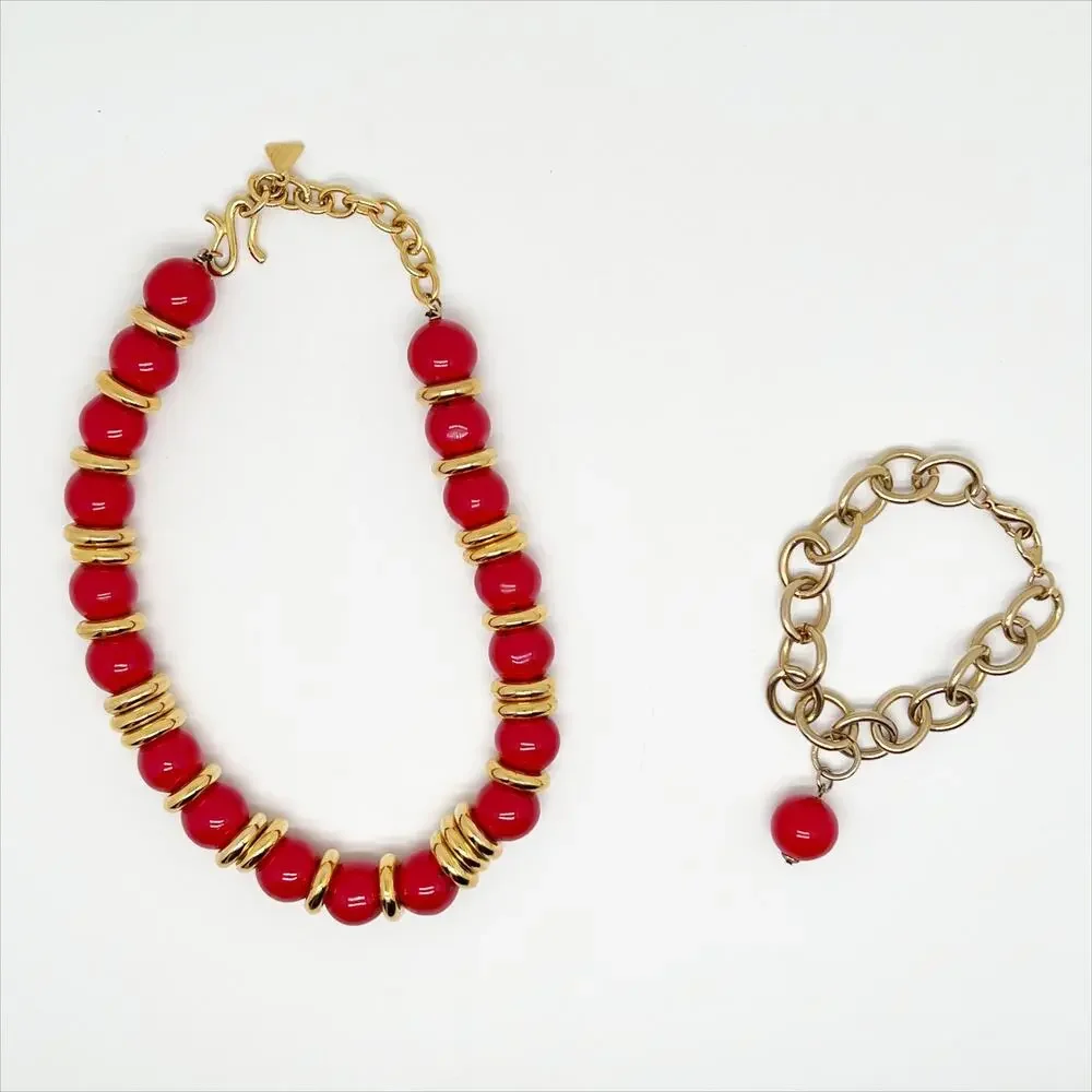 Vintage Gold Tone and Red Bead Necklace and Bracelet Matching Jewelry Set